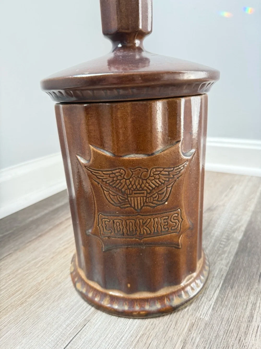 Vintage Patriotic Brown American Eagle Ceramic Piller Cookie Jar Large Brown